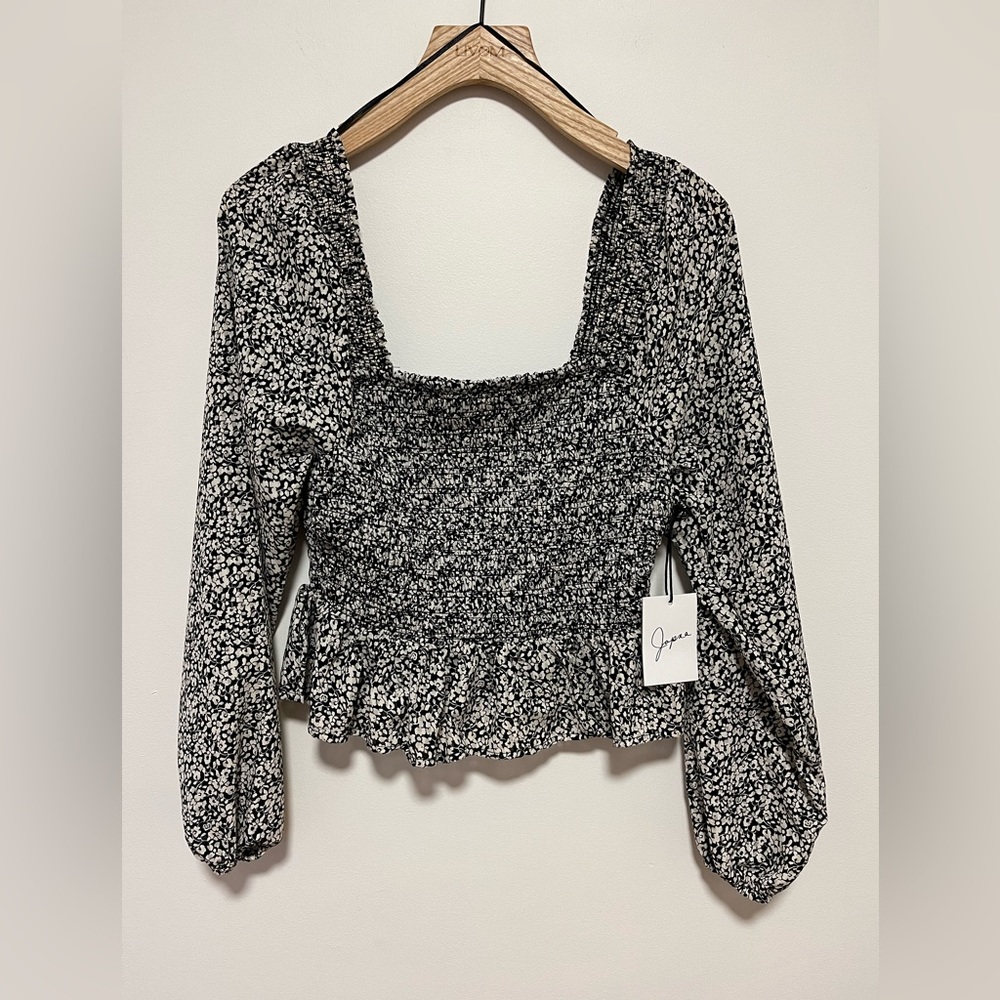 Japna black and white floral smocked blouse